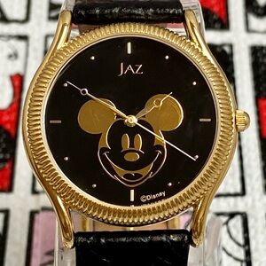 Vintage Disney x JAZ Mickey Mouse Gold-Tone Unisex Watch Black Dial